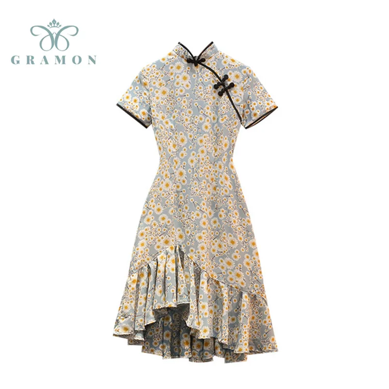 Женское платье-Ципао с коротким рукавом и высокой талией, в китайском стиле
Женское платье-Ципао с коротким рукавом и высокой талией, в китайском стиле