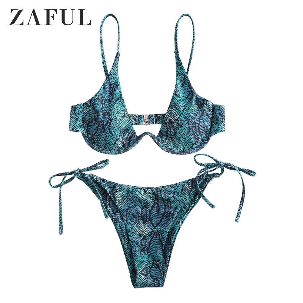 

ZAFUL Snake Print Underwire Low Waisted Bikini Swimwear Animal Print Push Up Two Pieces Swimwear Cami Tarzan Two-Piece Suits