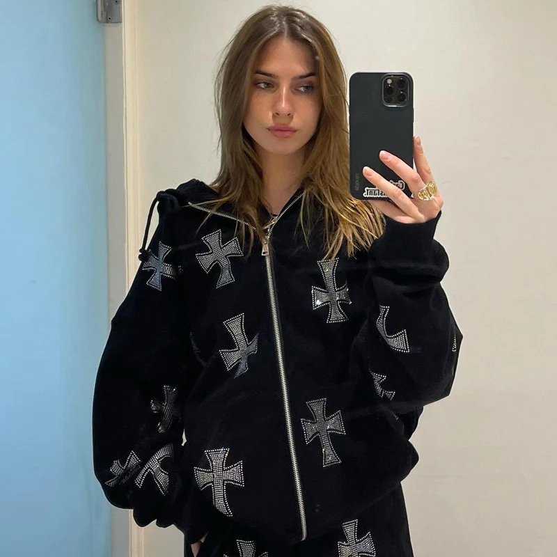 Vintage rhinestone graphics Oversized Hoodies Female Zip Up Long Sleeve Women's Sweatshirt Y2K Aesthetic Winter Grunge clothing
Vintage rhinestone graphics Oversized Hoodies Female Zip Up Long Sleeve Women's Sweatshirt Y2K Aesthetic Winter Grunge clothing