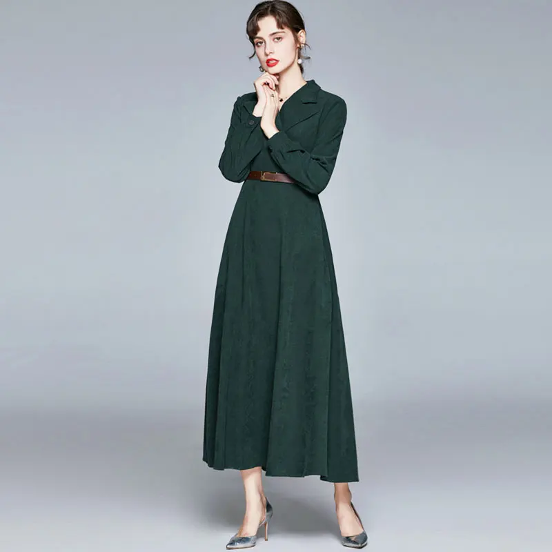 Long-sleeved corduroy dress suit collar women's belt waist waist thinner high temperament lace-up style midi dress elega
Long-sleeved corduroy dress suit collar women's belt waist waist thinner high temperament lace-up style midi dress elega