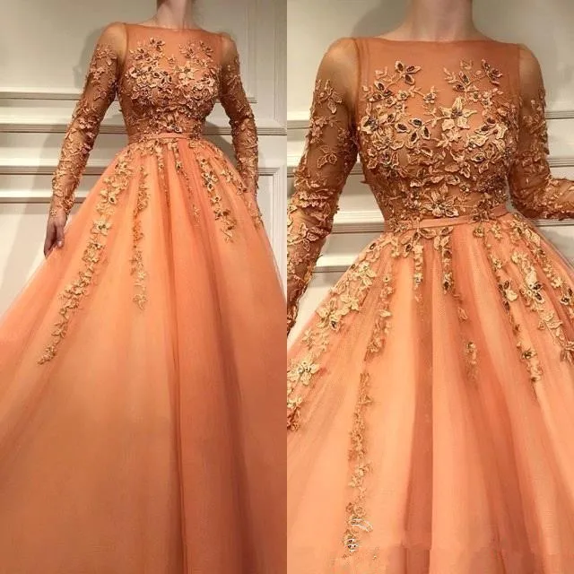 2020 New Arrival Orange Sheer Long Sleeves Formal Evening Dresses With Lace Appliques A Line Tulle beading Long Prom Gowns 
2020 New Arrival Orange Sheer Long Sleeves Formal Evening Dresses With Lace Appliques A Line Tulle beading Long Prom Gowns
