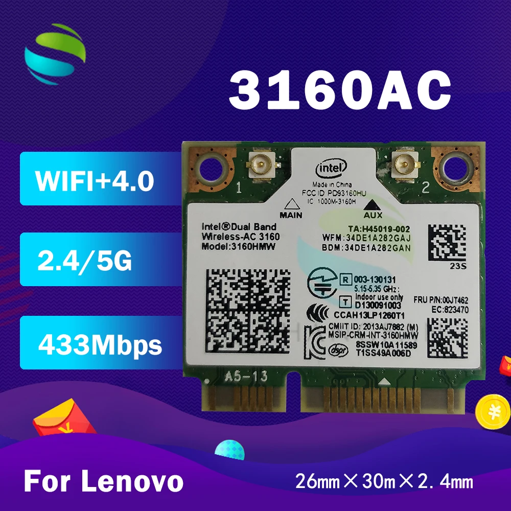 Dual Band 3160HMW AC AC3160HMW 3160AC Half Mini PCI-E FRU:00JT462 Wireless Wlan+BT Wifi Card for Lenovo M30-70 M40-70 laptop
Dual Band 3160HMW AC AC3160HMW 3160AC Half Mini PCI-E FRU:00JT462 Wireless Wlan+BT Wifi Card for Lenovo M30-70 M40-70 laptop