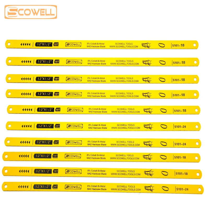 

SCOWELL Flexible HSS Bi-metal M42 8% Cobalt 12"x1/2" (300mm Length) Hacksaw Blades 5PCS 24TPI and 5PCS 18TPI DIY Tools Steel Saw