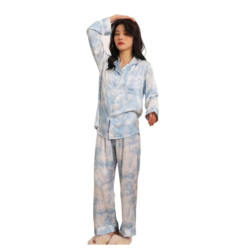 Lapel Nightwear Satin Femme 2PCS Pajamas Suit Casual Long Sleeve Sleepwear Tie Dye Home Clothes With Buttons Women Pyjamas
Lapel Nightwear Satin Femme 2PCS Pajamas Suit Casual Long Sleeve Sleepwear Tie Dye Home Clothes With Buttons Women Pyjamas
