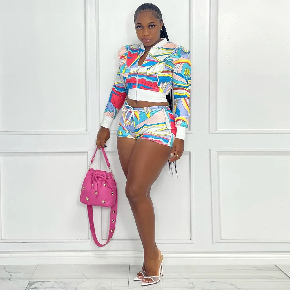 Biker Style Two Piece Set Women Outfits 2022 Geometric Pattern Long Sleeve Ruffles Crop Jacket and Biker Short Female Clothes
Biker Style Two Piece Set Women Outfits 2022 Geometric Pattern Long Sleeve Ruffles Crop Jacket and Biker Short Female Clothes