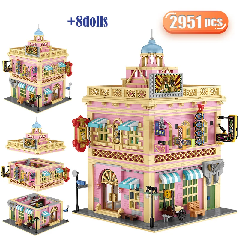 

City Street View Traditional Three Layers Bar Building Blocks Friends Pink Castle Figures Bricks Educate Toys For Children Gifts