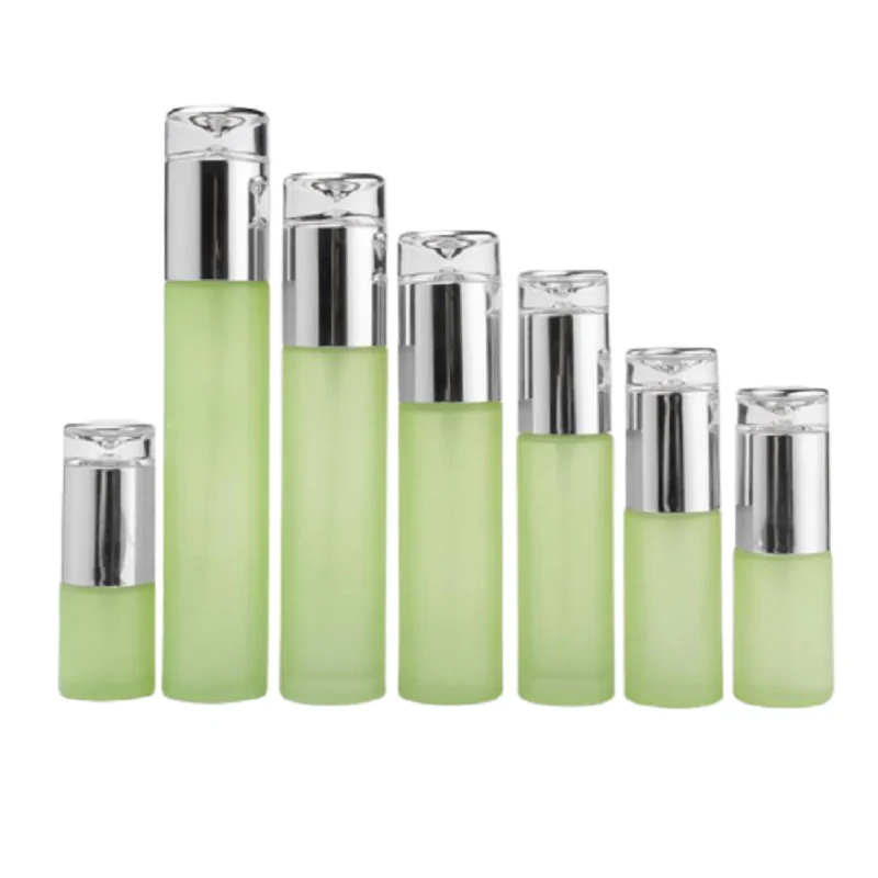 

120ML 100ML 80ML 60ML40ML 30ML 20ML Empty Green Frost Glass Refillable Bottle Silver Spray Lotion Pump 30G 50G Cream Jar 8Pcs