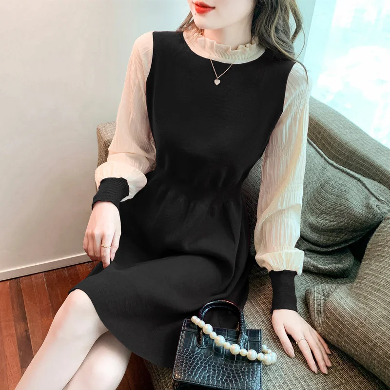 Knitting Loose Women Dresses New Fashion Splicing Lotus Leaf Collar Mid-length Autumn Casual Long Sleeve Dress Houthion
Knitting Loose Women Dresses New Fashion Splicing Lotus Leaf Collar Mid-length Autumn Casual Long Sleeve Dress Houthion