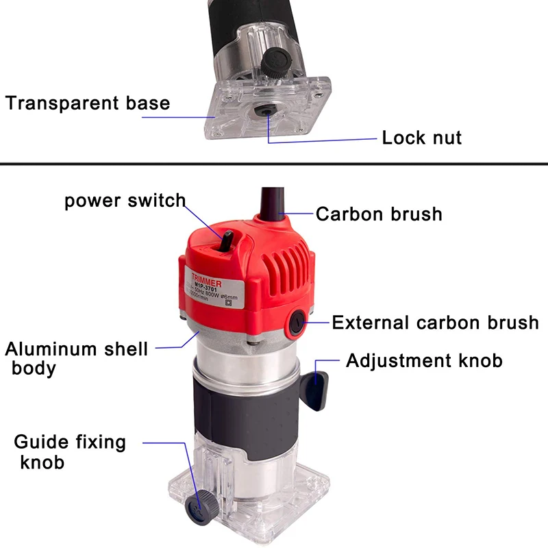800W/1000W 30000/32000rpm Electric Trimmer Wood Milling Engraving Slotting Trimming Hand Carving Machine Wood Router
800W/1000W 30000/32000rpm Electric Trimmer Wood Milling Engraving Slotting Trimming Hand Carving Machine Wood Router