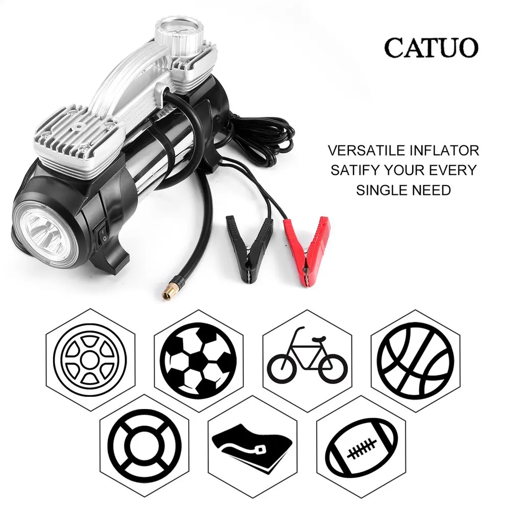 

CATUO Portable Double Cylinder Air Compressor Tire Inflator High Power 12V DC Pump to 100 Psi With LED Light Thermal Design