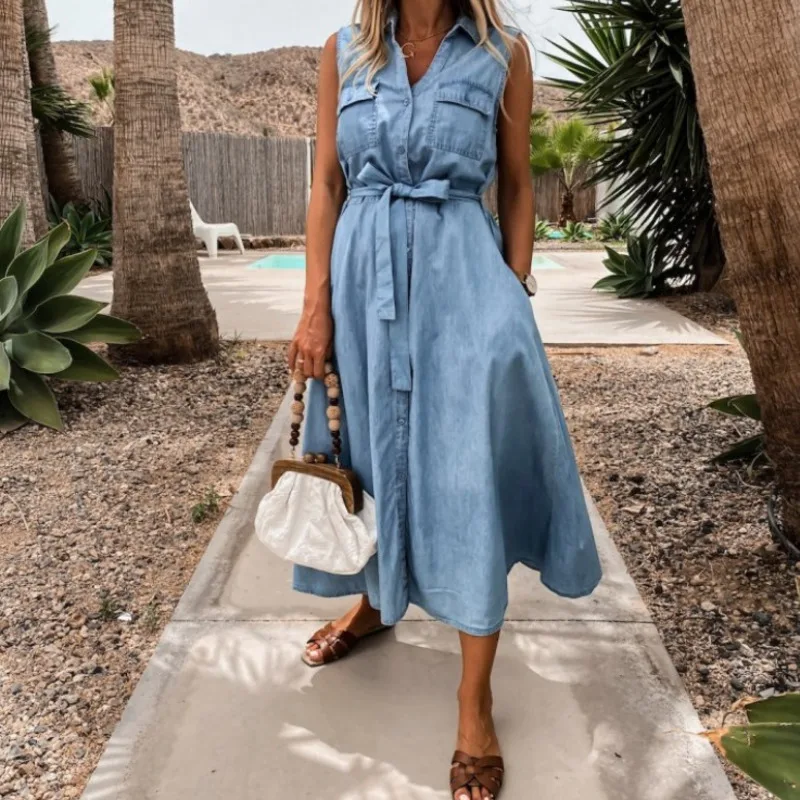2021 Vintage Denim Sleeveless Long Dress Women V Neck Button Sashes Chic Party Dresses Summer Female Casual Tunics Midi Dress Za
2021 Vintage Denim Sleeveless Long Dress Women V Neck Button Sashes Chic Party Dresses Summer Female Casual Tunics Midi Dress Za