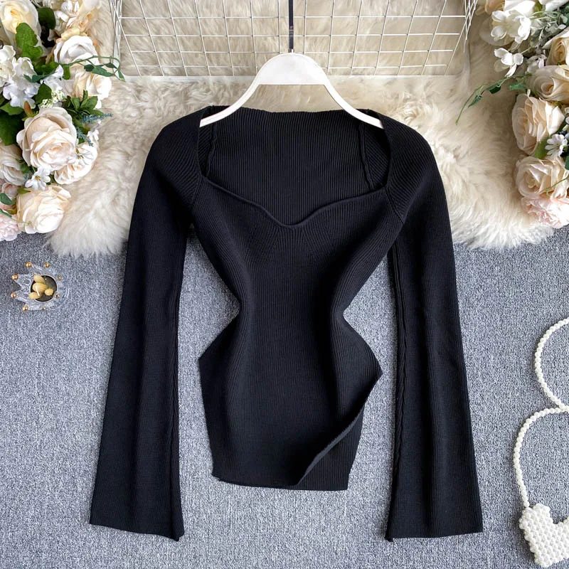 Sexy Square Collar Stretch Women Knitted Sweater Top Flare Sleeve Unique Knitted Top
Sexy Square Collar Stretch Women Knitted Sweater Top Flare Sleeve Unique Knitted Top