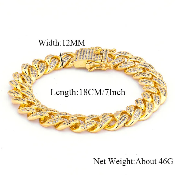 

1 New Fashion Bling 12mm 7inch 8inch Brass Iced Out Bling Chain Bracelet for Men Copper CZ Cuban Bracelet Hip Hop Jewelry Gift