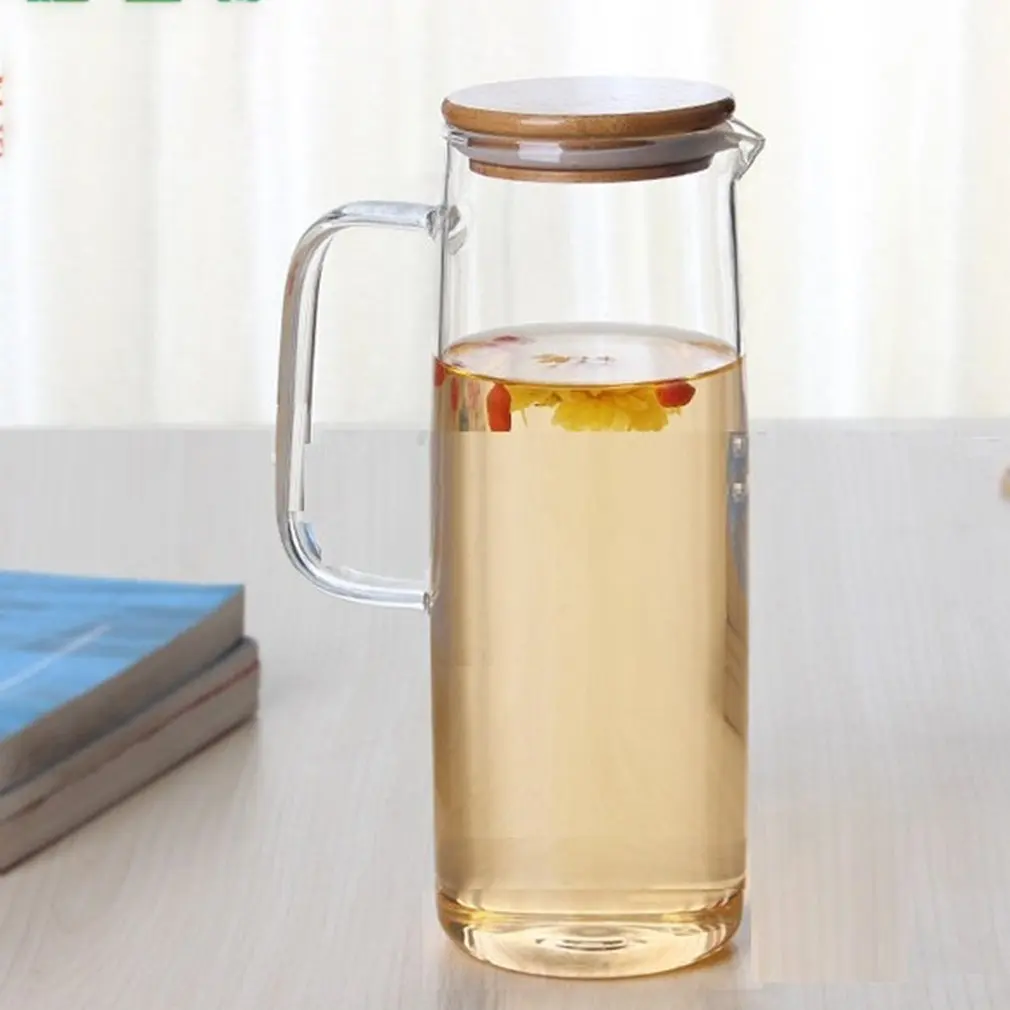 Heat-resistant Glass Jug Straight Body Pot Cold Water Cup Teapot Boiling Bamboo Cover Bottle | Дом и сад