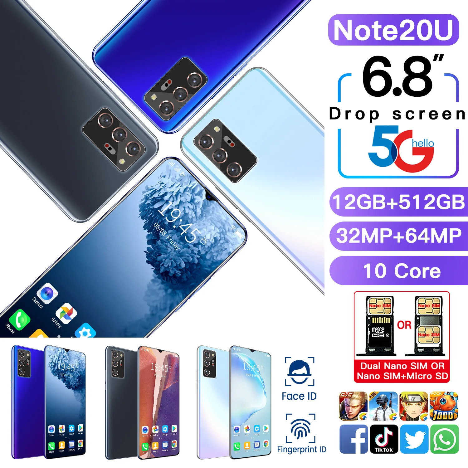Newest Global Note 20U Smartphone Triple 64MP Camera 5G LTE 12 512GB 6.8 Inch Screen 5000mAh Android10 Face ID Unlocked 10 Core
Newest Global Note 20U Smartphone Triple 64MP Camera 5G LTE 12 512GB 6.8 Inch Screen 5000mAh Android10 Face ID Unlocked 10 Core