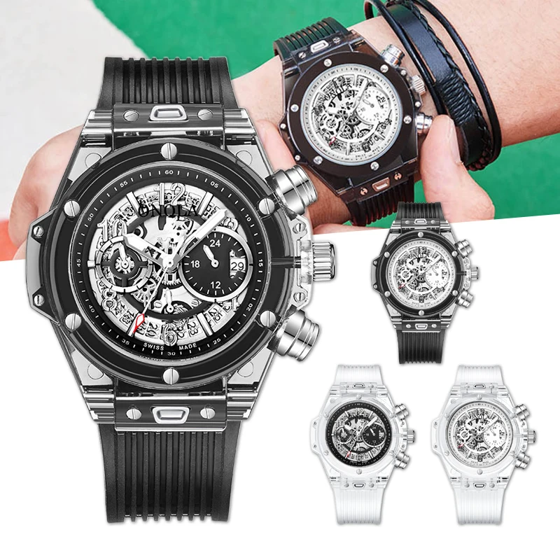 Mechanical Style Sports Watches Clear Shell Chronograph Dial Quartz Watch with Silicone Strap & Auto Date for Men Women J55
Mechanical Style Sports Watches Clear Shell Chronograph Dial Quartz Watch with Silicone Strap & Auto Date for Men Women J55