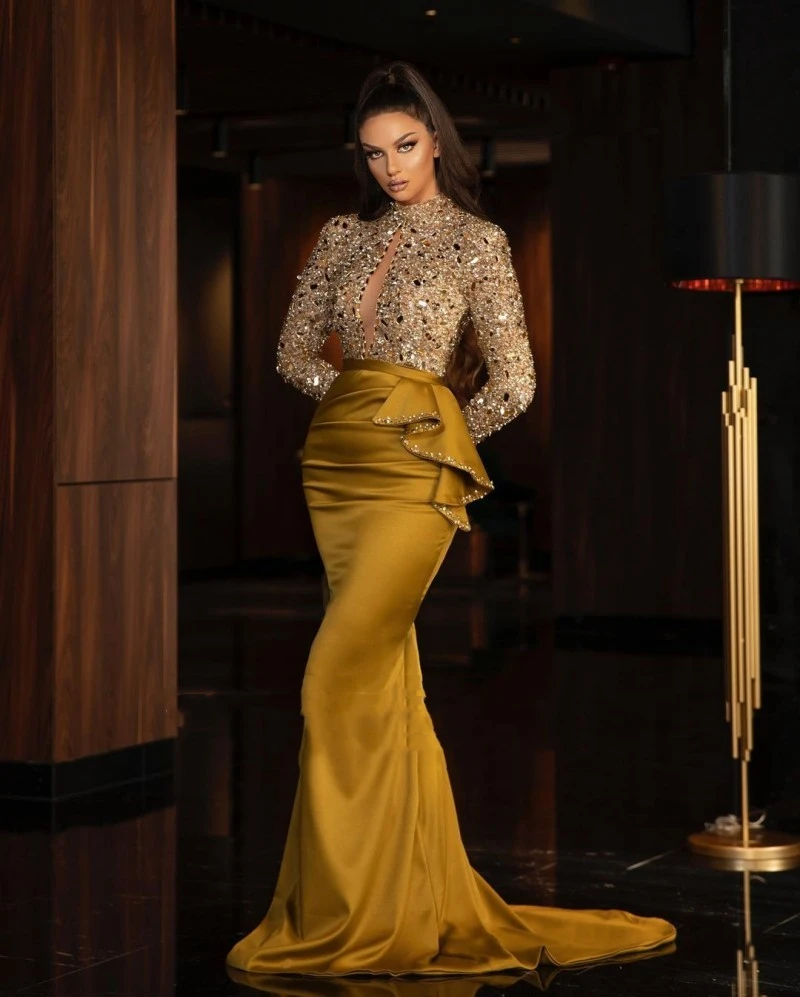 Newest Glitter Mermaid Evening Dresses High Collar Sequins Beaded Long Sleeve Sweep Train Formal Party Prom Gowns Custom Made
Newest Glitter Mermaid Evening Dresses High Collar Sequins Beaded Long Sleeve Sweep Train Formal Party Prom Gowns Custom Made