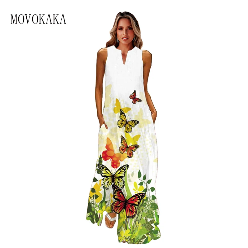 

MOVOKAKA весенне-Летнее Длинное Платье пляжное праздничное повседневное винтажное платье с V-образным вырезом женское вечерние нее платье с 3D принтом бабочки для женщин