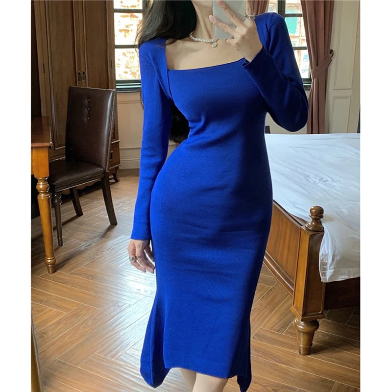 Vintage Knitted Dress Women Autumn New U Neck Solid Asymmetrical Dresses Female Long Sleeve Knee-Length Slim Mermaid Dress Femme
Vintage Knitted Dress Women Autumn New U Neck Solid Asymmetrical Dresses Female Long Sleeve Knee-Length Slim Mermaid Dress Femme