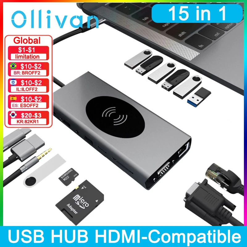 USB C HUB Type C to USB 3.0 HUB HDMI-Compatible 4K SD TF USB-C 3.0 PD 3.5mm Jack Audio Video Splitter Adapter Wireless Charger
USB C HUB Type C to USB 3.0 HUB HDMI-Compatible 4K SD TF USB-C 3.0 PD 3.5mm Jack Audio Video Splitter Adapter Wireless Charger