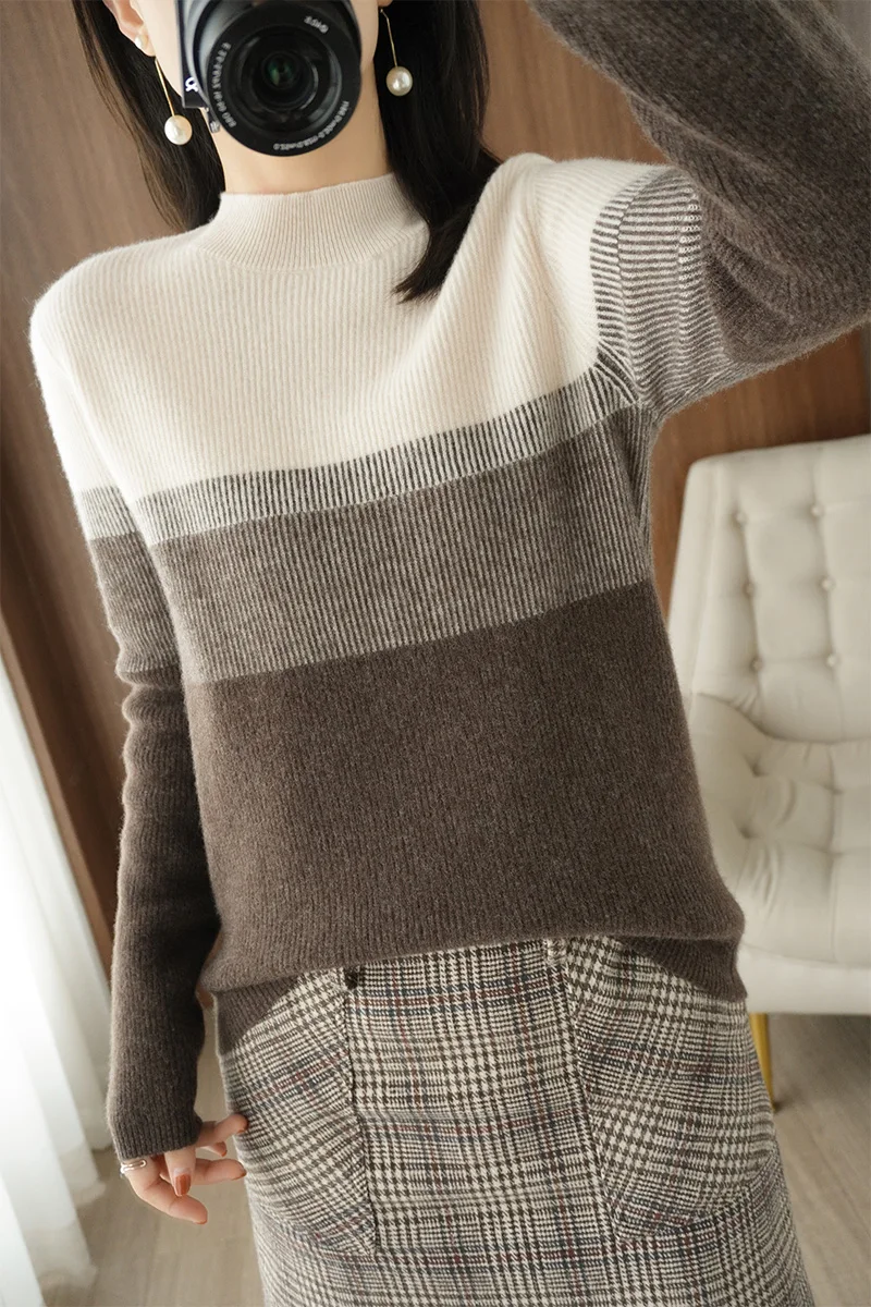 Autumn Winter Woman's Sweaters Chic Half Turtleneck Long Sleeve Patchwork 100% Wool Knitted Female Pullover Jumpers Tops Blouse
Autumn Winter Woman's Sweaters Chic Half Turtleneck Long Sleeve Patchwork 100% Wool Knitted Female Pullover Jumpers Tops Blouse