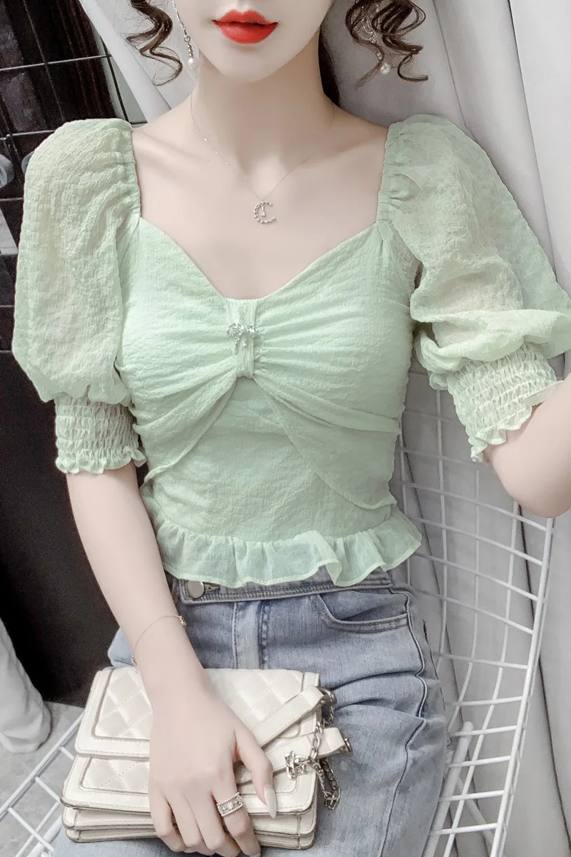 Summer short puff sleeve temperament chiffon shirt design niche bowknot decoration stretch slim top women
Summer short puff sleeve temperament chiffon shirt design niche bowknot decoration stretch slim top women