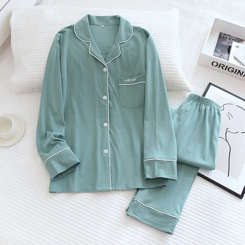 Women Cotton Pajamas Long-sleeved Spring Pyjamas Knitted Cotton Solid-color Sleepwear Two Piece Lapel Loungewear Home Clothing
Women Cotton Pajamas Long-sleeved Spring Pyjamas Knitted Cotton Solid-color Sleepwear Two Piece Lapel Loungewear Home Clothing
