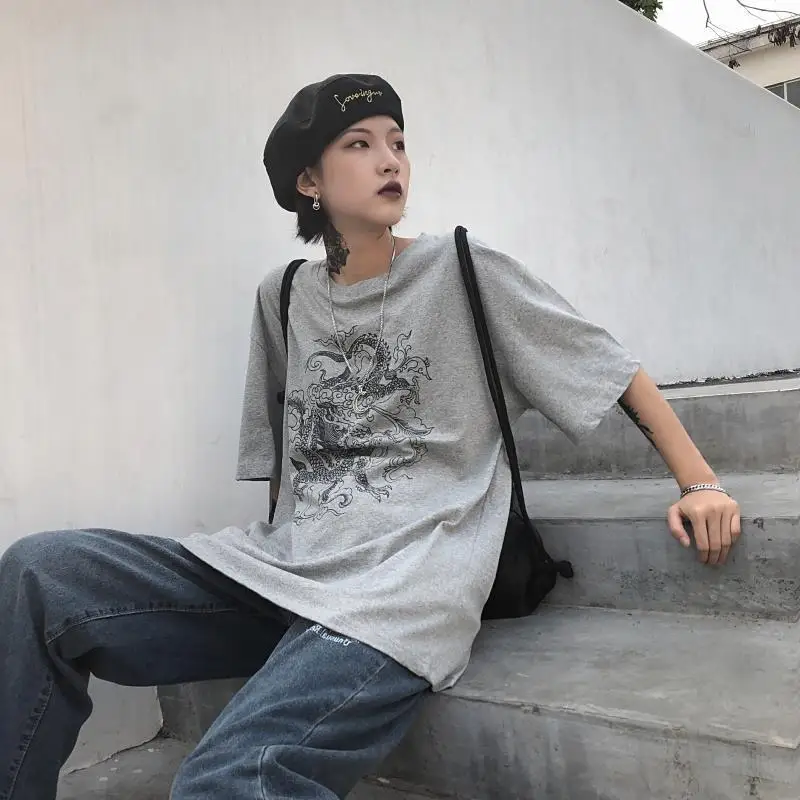 Уличные топы женская футболка ulzzang Harajuku Винтажная с китайским драконом лето