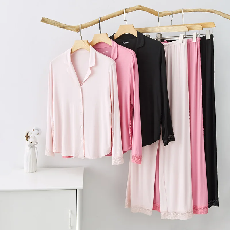Ladies Spring and Autumn Modal Lace Long-sleeved Trousers Pajamas Set Women's Solid Colors Home Two-piece Pyjama Cardigan Set
Ladies Spring and Autumn Modal Lace Long-sleeved Trousers Pajamas Set Women's Solid Colors Home Two-piece Pyjama Cardigan Set
