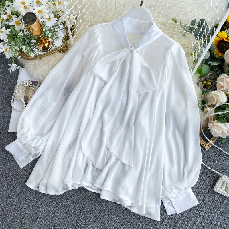 Korean Elegant Work Shirt Casual Tops Autumn Chiffon Blusas Bow Tie O-neck Blouse Women Lantern Long Sleeve Shirts
Korean Elegant Work Shirt Casual Tops Autumn Chiffon Blusas Bow Tie O-neck Blouse Women Lantern Long Sleeve Shirts