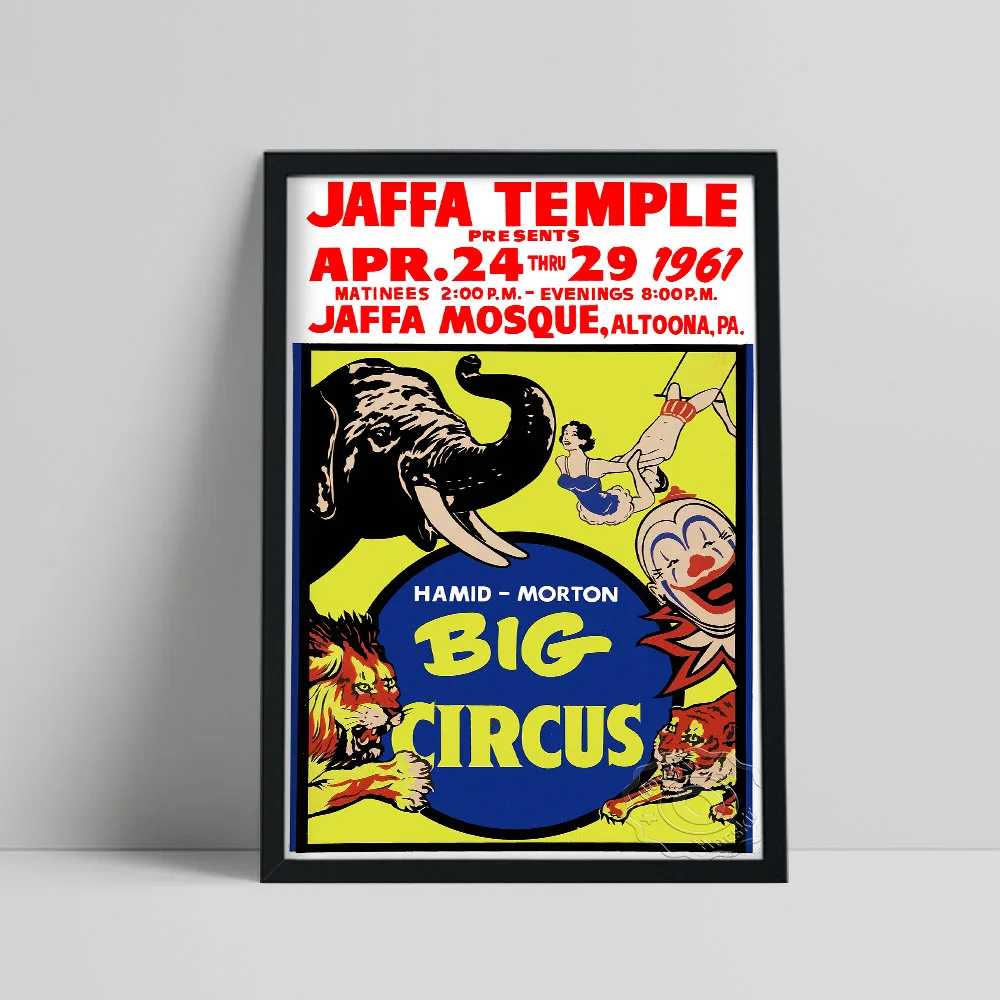 

1961 Big Circus Poster, Elephant Lion Tiger Clown Girl Boy Show Art Prints, Animals And People Acrobatic Performance Wall Decor