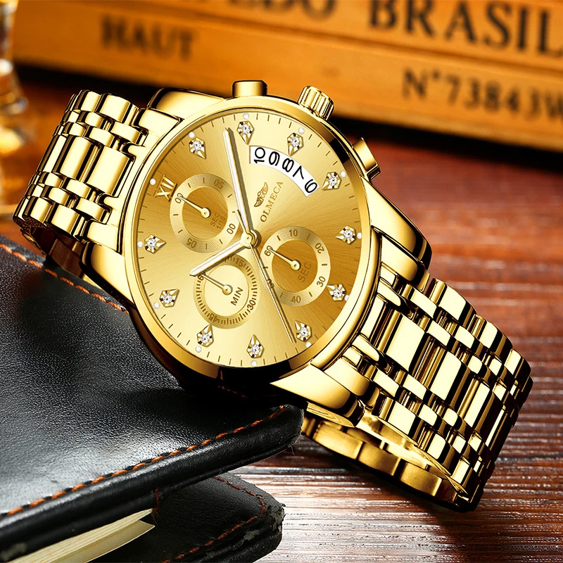 Top Brand OLMECA Men's Watch Gold Quartz Relogio Masculino Fashion Complete Calendar Wrist Luminous Hands Waterproof | Наручные часы