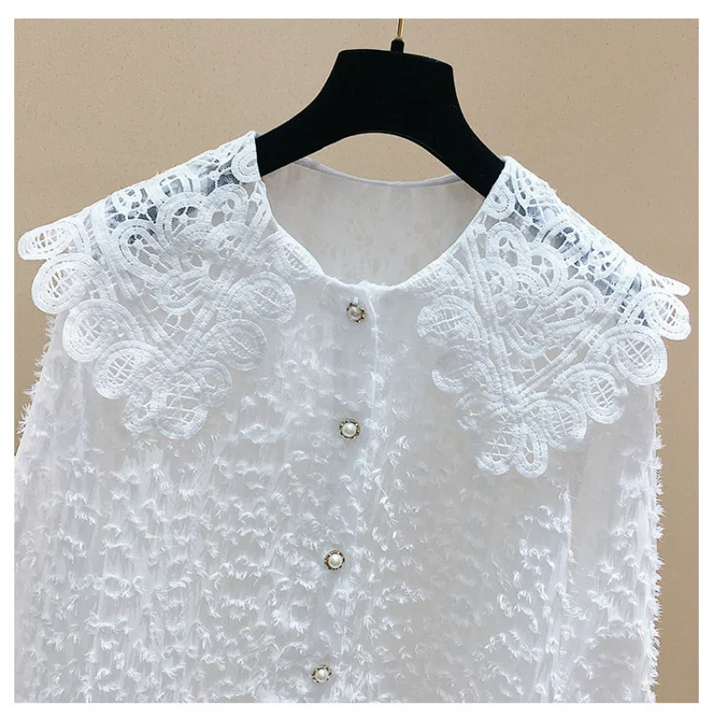 2021 Spring Autumn Woman Lace Blouse Hollow Out Peter Pan Collar Shirt Female Elegant Long Sleeve Tops Ladies Solid Shirt H1173
2021 Spring Autumn Woman Lace Blouse Hollow Out Peter Pan Collar Shirt Female Elegant Long Sleeve Tops Ladies Solid Shirt H1173