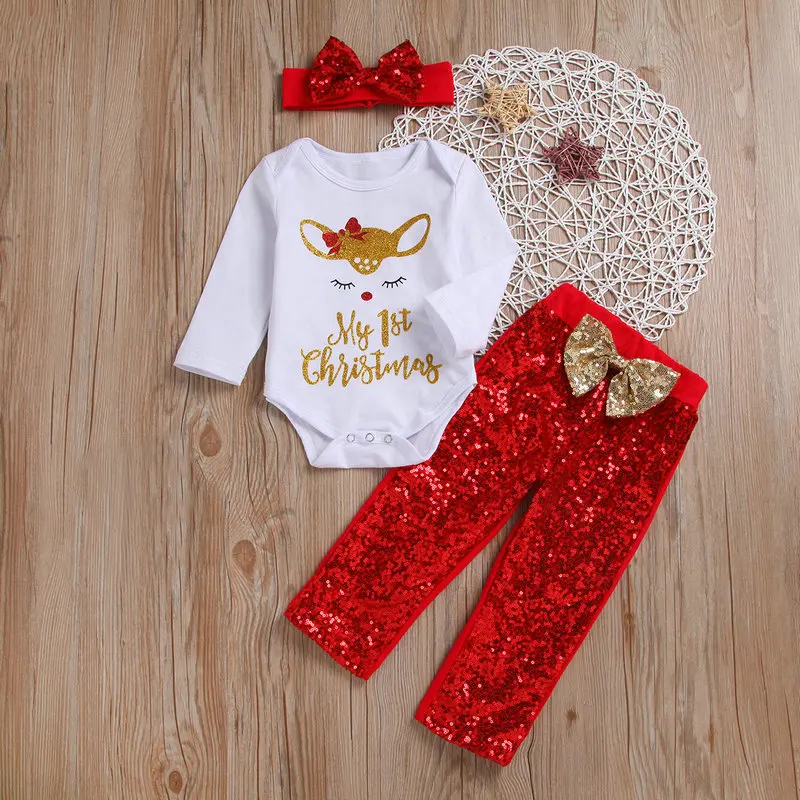 My First Christmas Baby Girl 3 шт./компл. повязка на голову с бантом + белый комбинезон длинными
