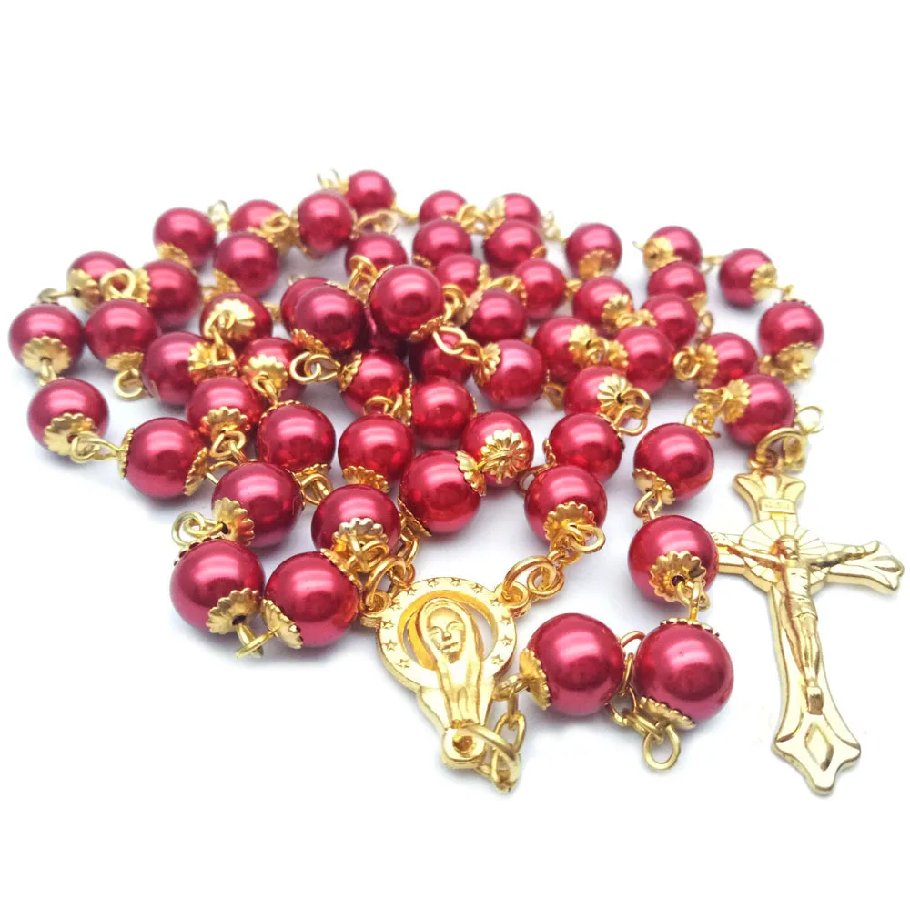 QIGO 8 mm Pearl Rosary Necklace With Cup For Wedding Long Cross Pendant Catholic Jewelry | Украшения и аксессуары