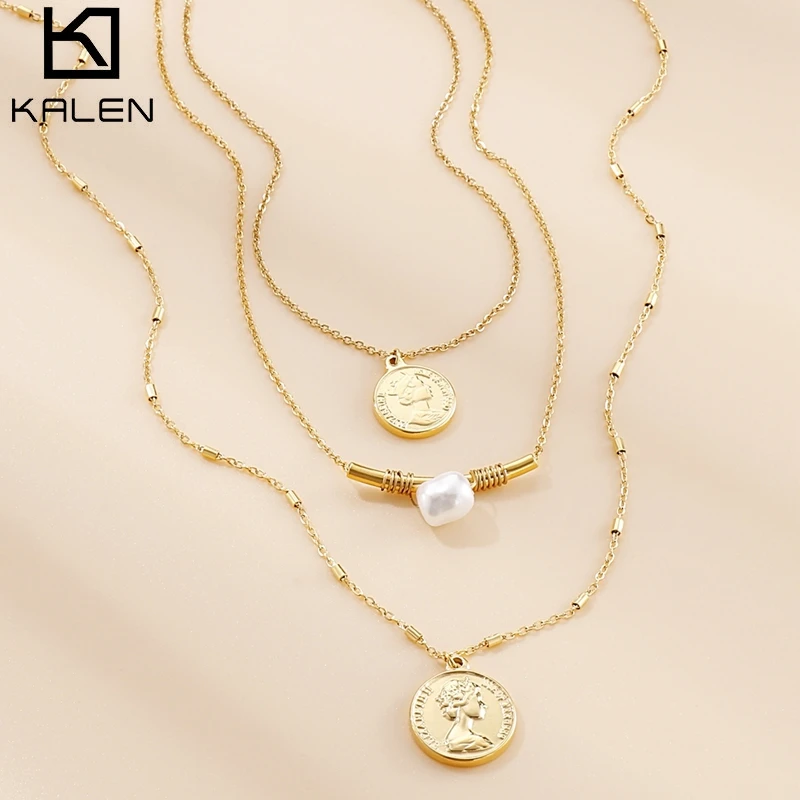 

KALEN Gold Portrait Coin Pendant Necklace For Women Cuban Multilayered Stainless Steel Chain Choker For Girls Gift