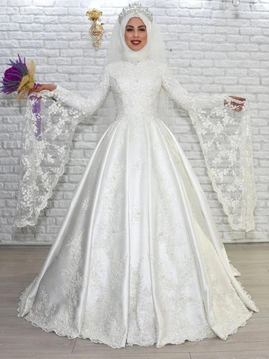 Muslim Wedding Dresses High Neck Flare Long Sleeves Beading Lace Satin Bridal Gowns A Line Modest Design vestido de noiva
Muslim Wedding Dresses High Neck Flare Long Sleeves Beading Lace Satin Bridal Gowns A Line Modest Design vestido de noiva
