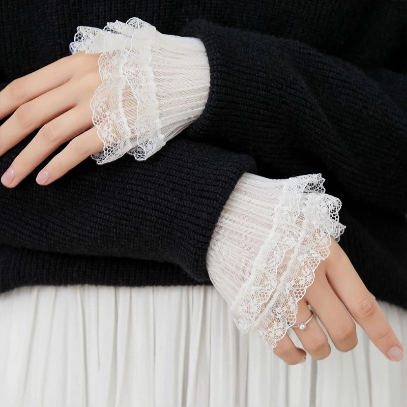

Women Detachable Arm Sleeves Pleated Cuff Mesh Lace Wrist Cuff Elastic Horn Cuffs Layered Lace Shirt Decorated Gloves