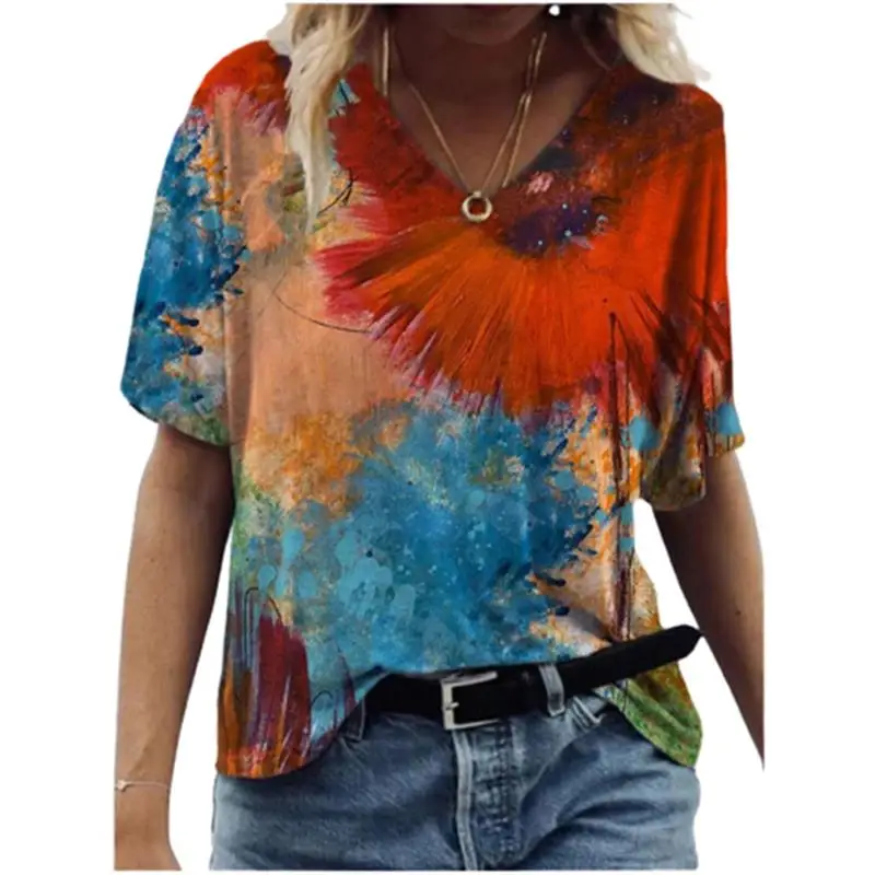 Abstract Painting Printed T-shirts Women's Harajuku T-shirts Short Sleeve V-Neck T-shirt Summer Ladies Casual Loose Tee Tops 
Abstract Painting Printed T-shirts Women's Harajuku T-shirts Short Sleeve V-Neck T-shirt Summer Ladies Casual Loose Tee Tops