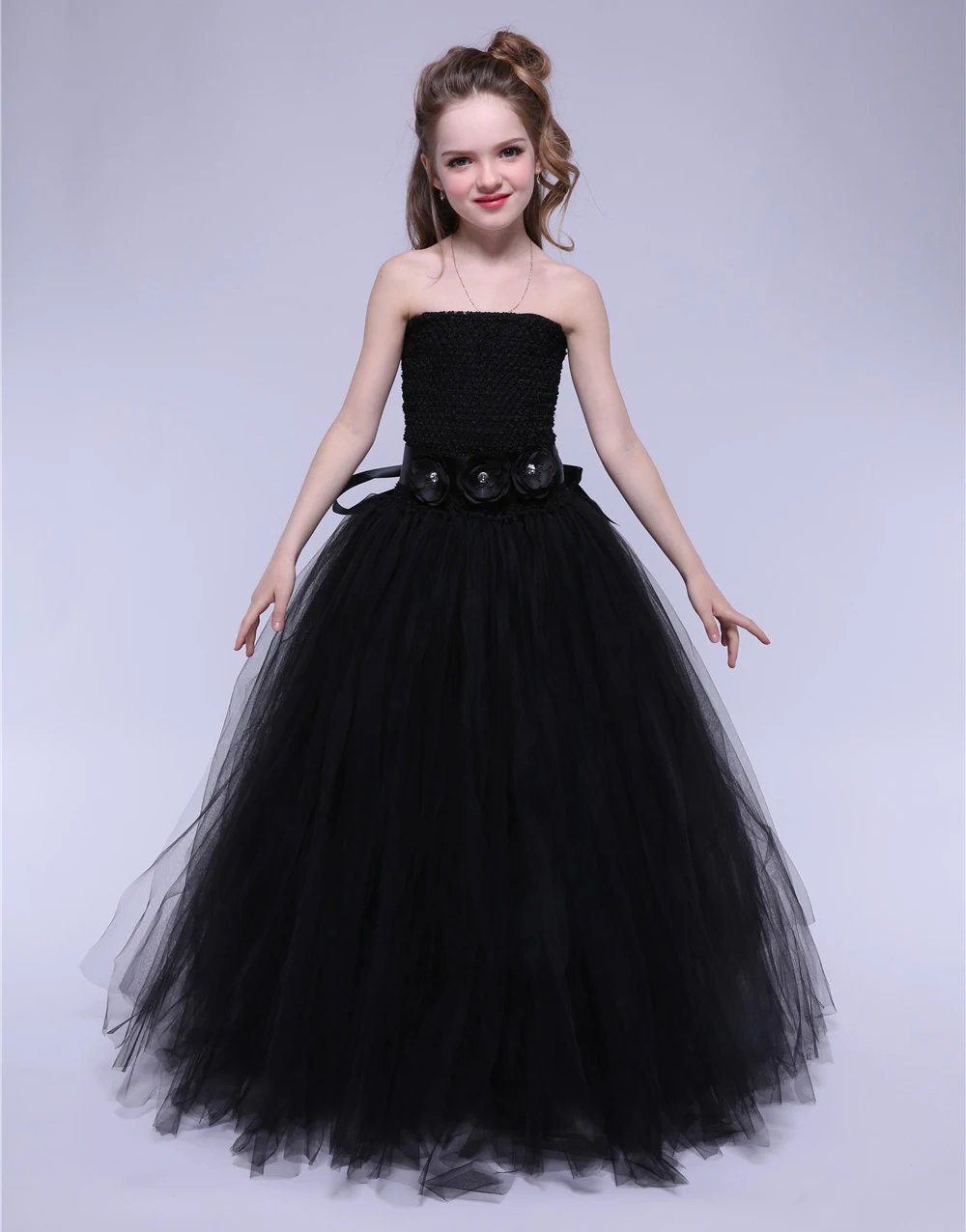 Solid Black Long Dress for Teenage Girls Princess Floor Dresses with Flower Belt Girl Halloween Pageant Costumes Kids 1-14Y | Детская