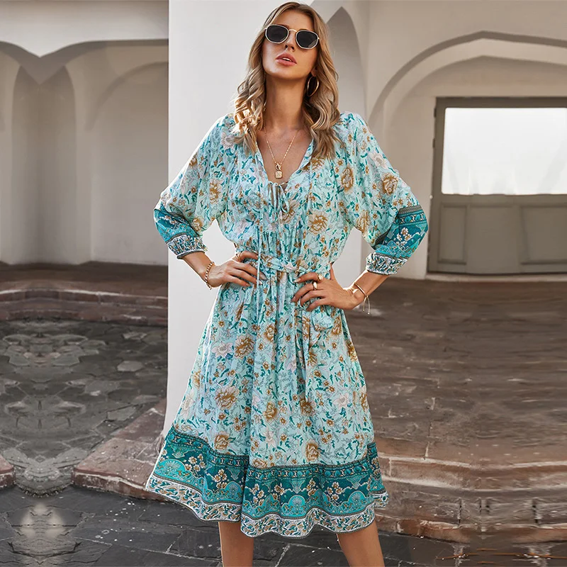 2021 Spring New Vingate Print Dress Women Bohemian Lantern Sleeve High Waist Bandage Dress For Women Summer Chiffon Dress
2021 Spring New Vingate Print Dress Women Bohemian Lantern Sleeve High Waist Bandage Dress For Women Summer Chiffon Dress