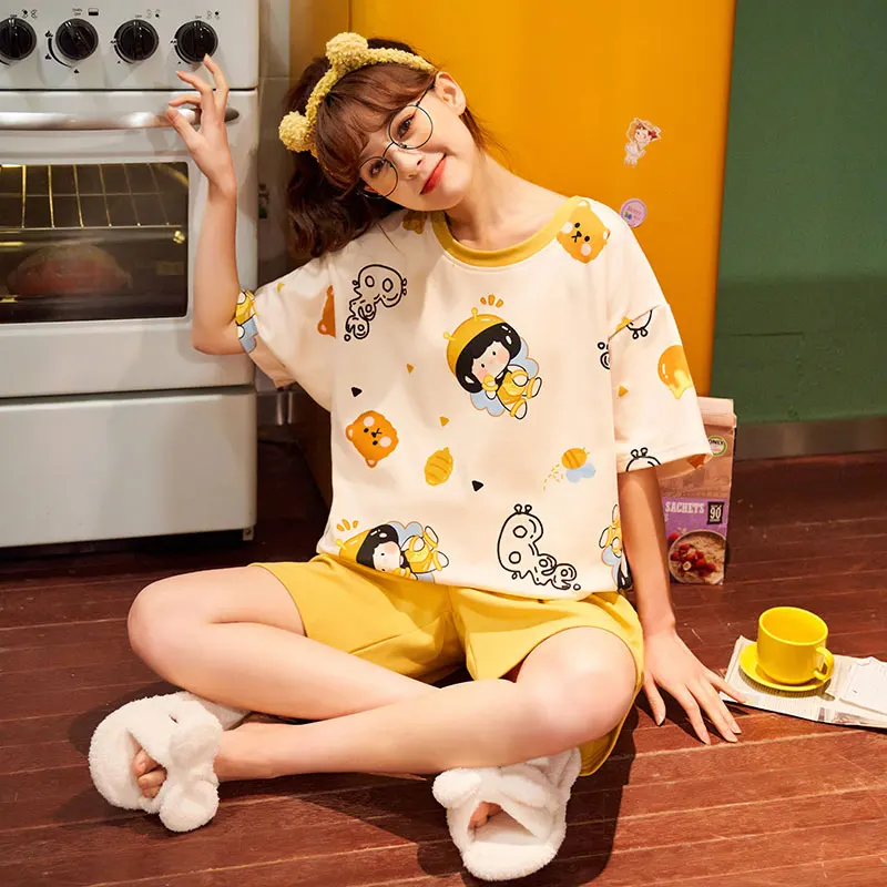 Playful Cute Yellow Women Pajamas Set Summer Trendy Korean Cartoon Sweet Giels Short Sleeve Sleepwear Cotton Plus Size Homewear
Playful Cute Yellow Women Pajamas Set Summer Trendy Korean Cartoon Sweet Giels Short Sleeve Sleepwear Cotton Plus Size Homewear