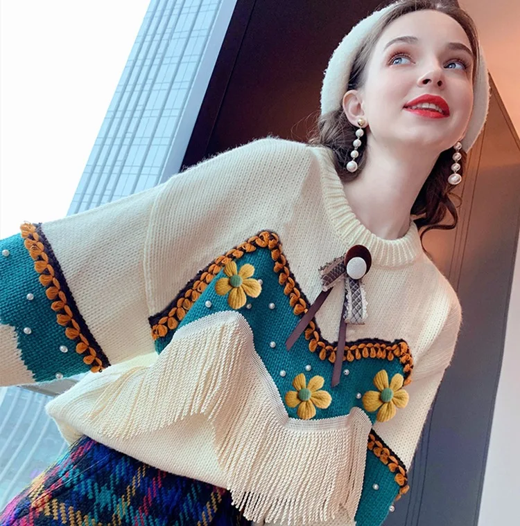 Lazy Style Contrast Color Sweet Style Pullover Sweater Long Sleeve O-Neck Loose 2021 New Autumn Fashion Tassel Knitted for Women
Lazy Style Contrast Color Sweet Style Pullover Sweater Long Sleeve O-Neck Loose 2021 New Autumn Fashion Tassel Knitted for Women