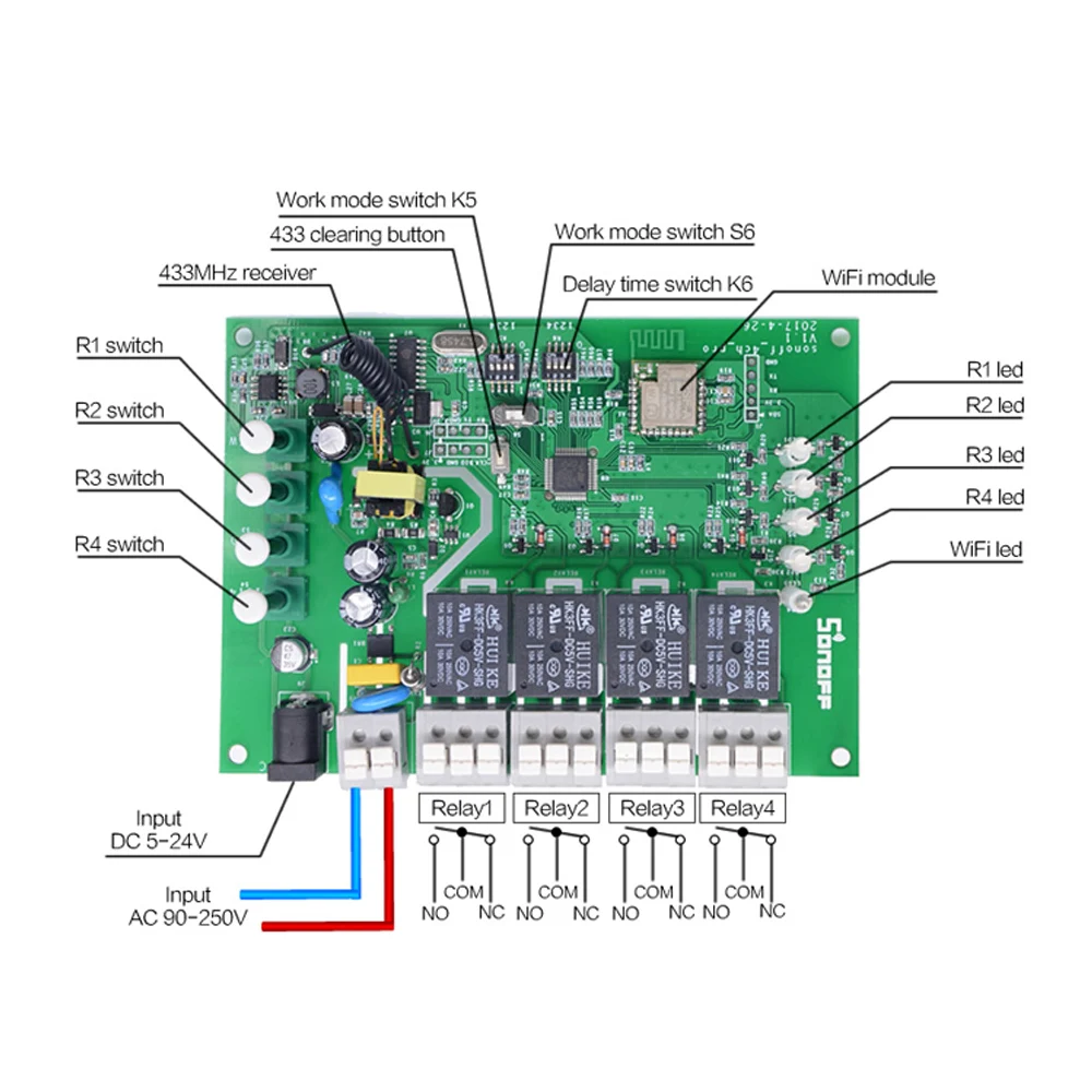 SONOFF 4ch pro r2 4 канала/банда 10А WIFI RF 433 МГц пульт дистанционного управления Блокировка