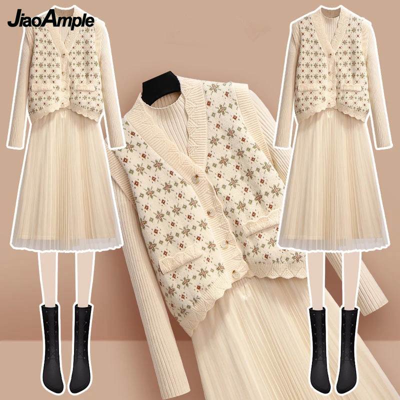 Autumn Winter Two Pieces Dress Set French Graceful Chic Floral Embroidery Knitted Vest+Sweater Mesh Dresses Suit Lady Clothing
Autumn Winter Two Pieces Dress Set French Graceful Chic Floral Embroidery Knitted Vest+Sweater Mesh Dresses Suit Lady Clothing