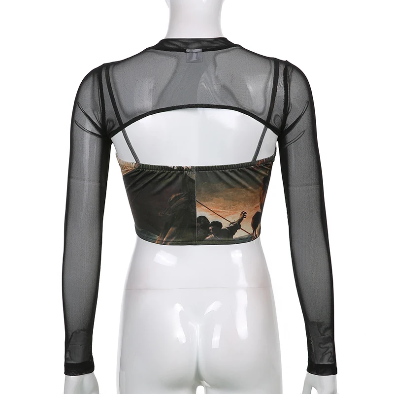 SUCHCUTE Gothic Print Camis Tops And Long Sleeve Mesh Tops Two Pieces Sets Summer Party Clubwear Women's Sets Vintage Outfits
SUCHCUTE Gothic Print Camis Tops And Long Sleeve Mesh Tops Two Pieces Sets Summer Party Clubwear Women's Sets Vintage Outfits