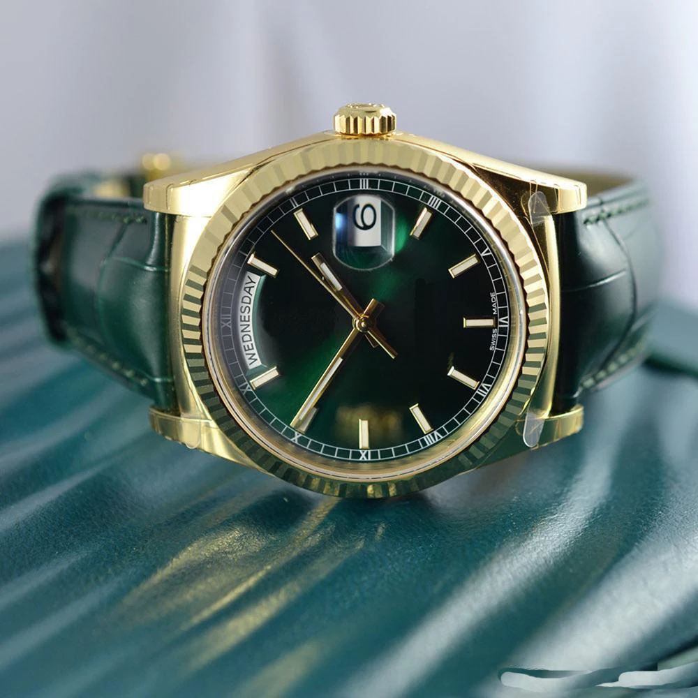 Brand New Men Sweep Automatic Movement Mechanical Green Leather DayDate Yellow Gold Sapphire Original Clasp Gents Watches 36mm
Brand New Men Sweep Automatic Movement Mechanical Green Leather DayDate Yellow Gold Sapphire Original Clasp Gents Watches 36mm
