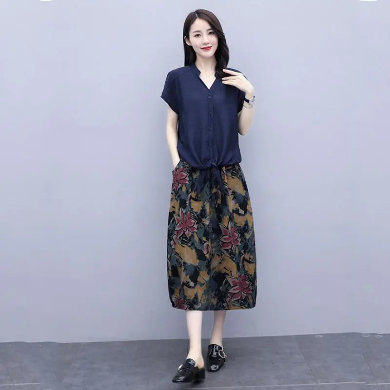 Summer Female Suit Cotton Blouse Casual Red Navy Lace-Up Blouse Two-Piece Mujer Long Skirt Print Slim A-Line Full Skirt Feminine
Summer Female Suit Cotton Blouse Casual Red Navy Lace-Up Blouse Two-Piece Mujer Long Skirt Print Slim A-Line Full Skirt Feminine
