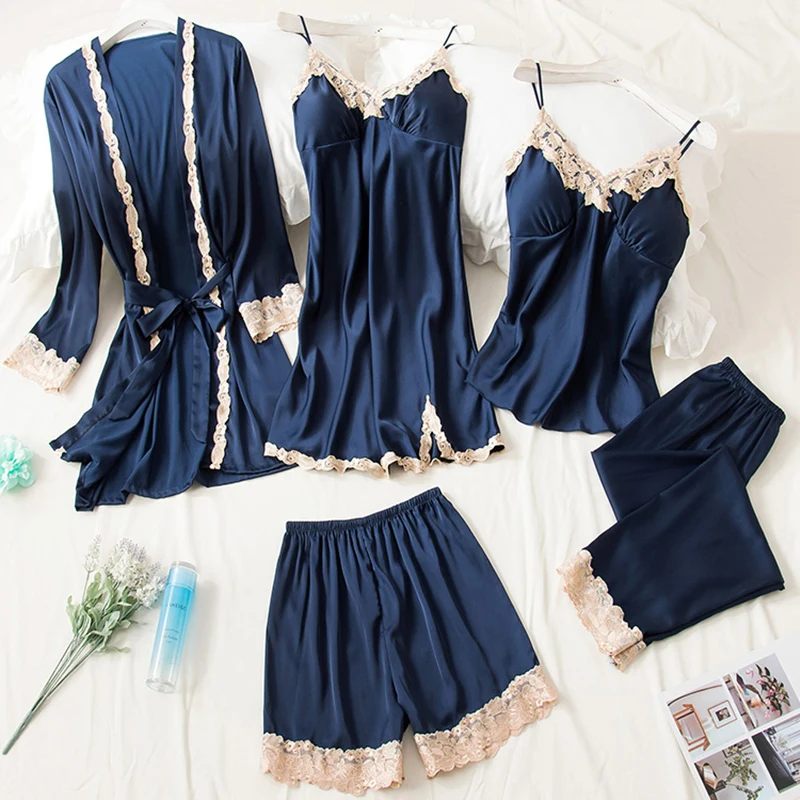 2021 .5PCS Pajamas Sets Satin Sleepwear Pijama Silk Home Wear Clothing Sexy Lace Sleep Lounge Pyjamas with Chest Pads
2021 .5PCS Pajamas Sets Satin Sleepwear Pijama Silk Home Wear Clothing Sexy Lace Sleep Lounge Pyjamas with Chest Pads
