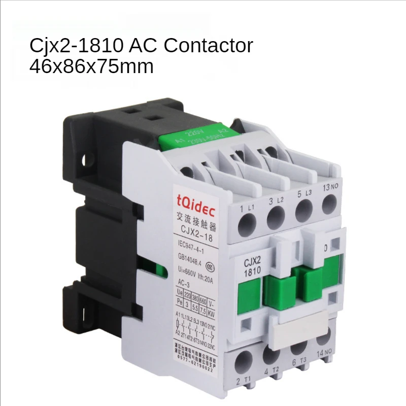 Cjx2-1810 contactor 3-phase 46x86x75mm 24V 36V 110V 220V 380V AC 18a 50Hz normally open contact
Cjx2-1810 contactor 3-phase 46x86x75mm 24V 36V 110V 220V 380V AC 18a 50Hz normally open contact